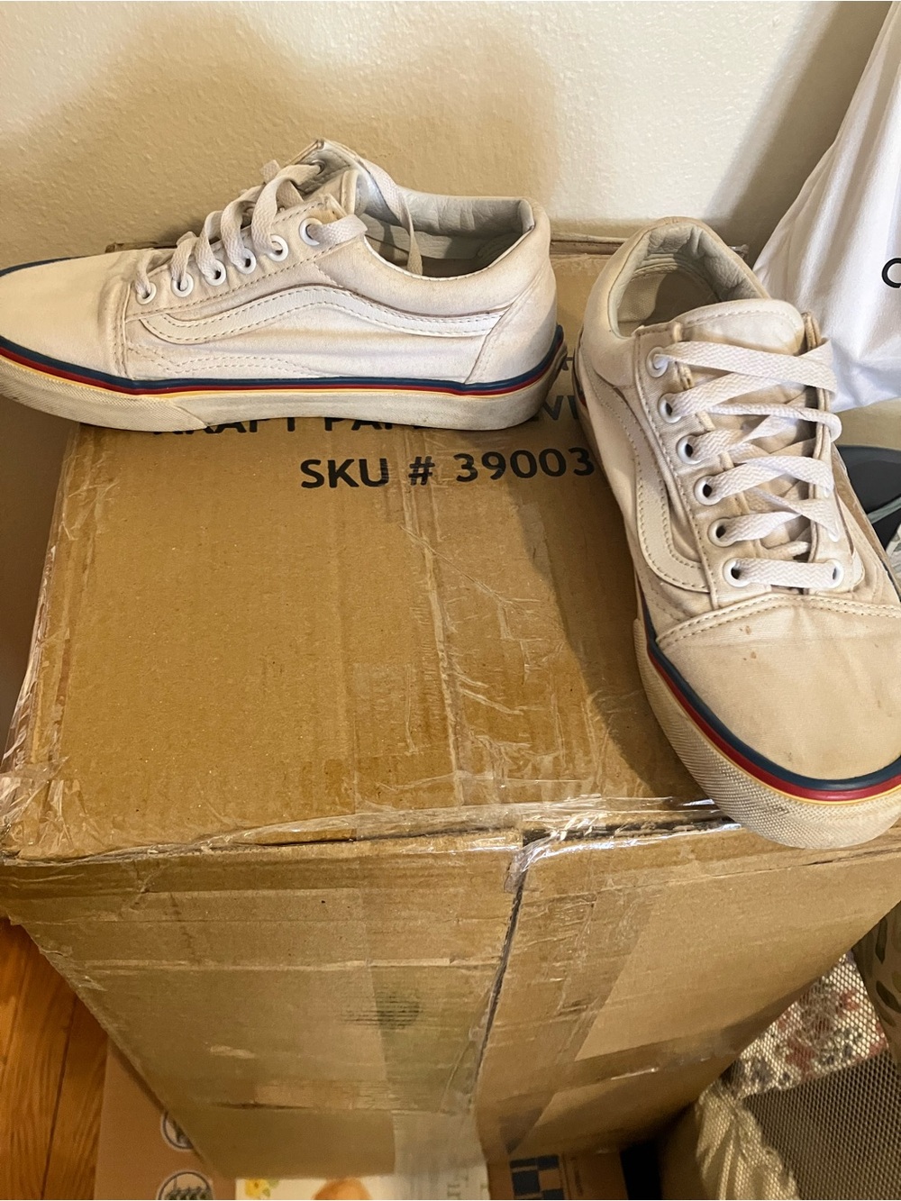 Vans Cream Canvas Low-Top Sneakers with Red & Blue Stripe